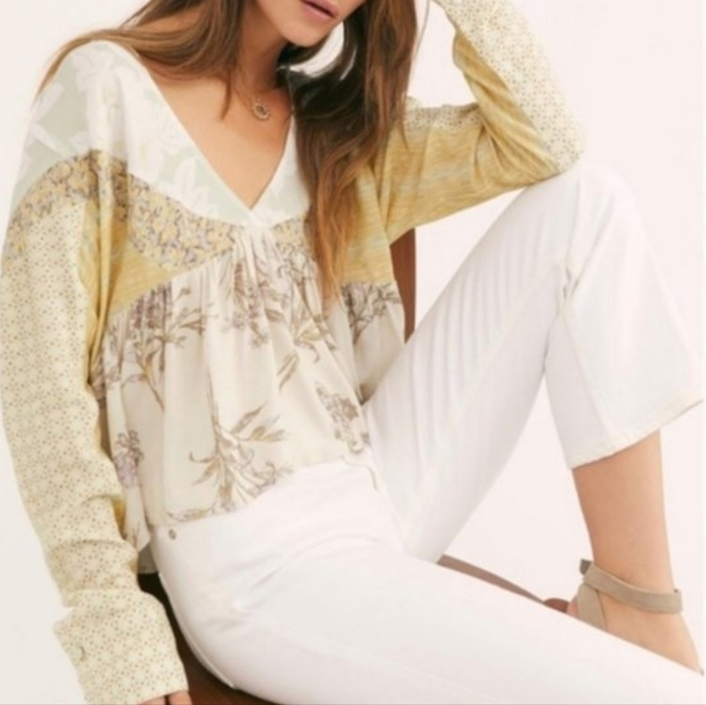 Free People Aloha State Of Mind Floral Patchwork Blouse Green Tea V-neck SIZE XS